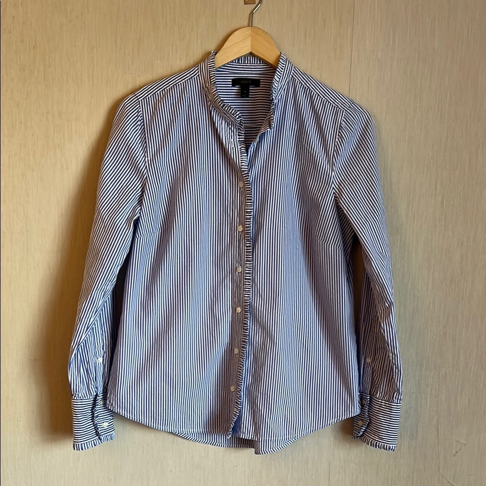 J. Crew Navy and White Striped Button Down Shirt ruffled collar/cuffs 8